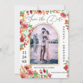 明るいピンクの黄色のフローラアーチ結婚写真 セーブザデート (正面)