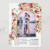 明るいピンクの黄色のフローラアーチ結婚写真 招待状 (正面/裏面)