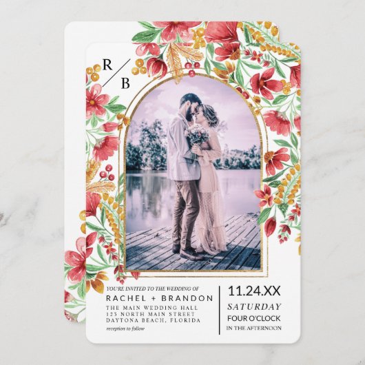 明るいピンクの黄色のフローラアーチ結婚写真 招待状 (正面/裏面)