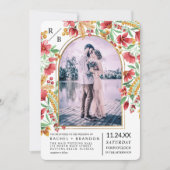 明るいピンクの黄色のフローラアーチ結婚写真 招待状 (正面)