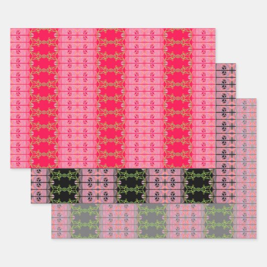 明るいピンクの黒と灰色 ラッピングペーパーシート (セット)