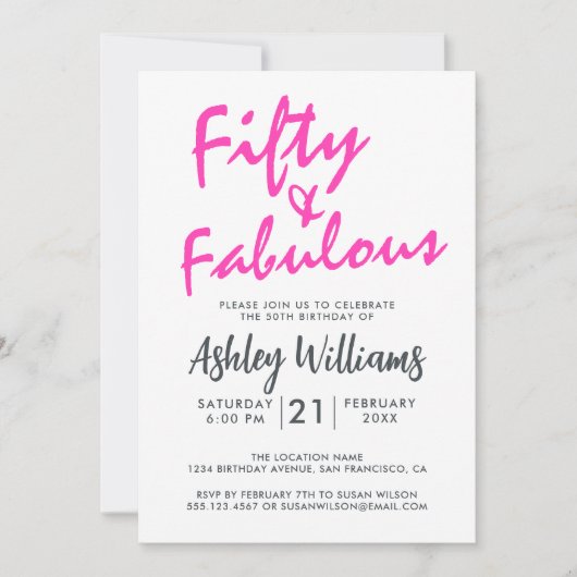 明るいピンクの50の素晴らしい | 第50回誕生日パーティー 招待状 (正面)
