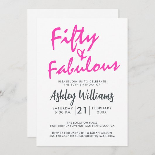 明るいピンクの50の素晴らしい | 第50回誕生日パーティー 招待状 (正面/裏面)