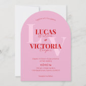 明るいピンクはっきりしたと赤の結婚アーチ 招待状 (正面)