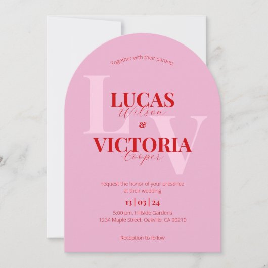 明るいピンクはっきりしたと赤の結婚アーチ 招待状 (正面)