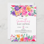 明るいピンクはっきりしたのフローラ水の色の赤ちゃんシャワー 招待状 (正面)