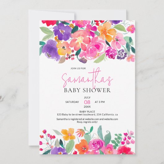 明るいピンクはっきりしたのフローラ水の色の赤ちゃんシャワー 招待状 (正面)