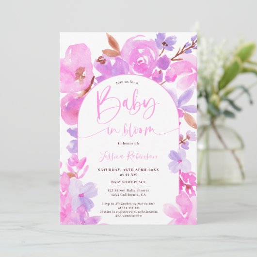 明るいピンクはっきりしたの紫のフローラの赤ちゃんシャワー 招待状 (スタンド正面)