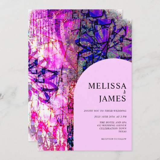 明るいピンクはっきりしたの結婚カラフルフローラ 招待状 (正面/裏面)