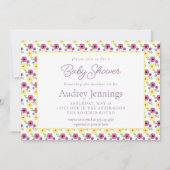 明るいピンクイエローパープルフローラベビーガールシャワー 招待状 (正面)