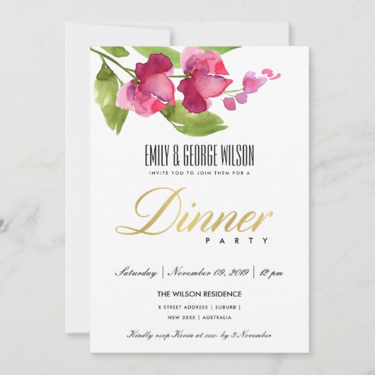 明るいピンクインク水カラーフローラディナーパーティー 招待状 (正面)