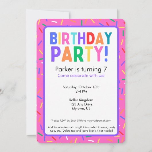 明るいピンクスプリンクルスバースデーパーティーの招待 招待状 (正面)