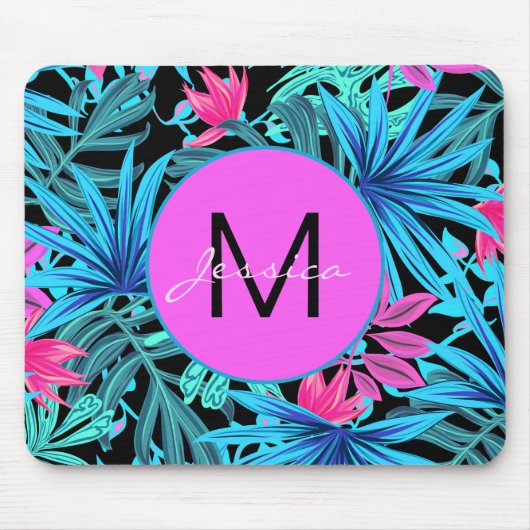 明るいピンクブルー熱帯フローラ パーソナライズされた マウスパッド (正面)