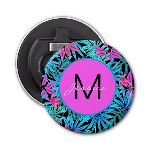 明るいピンクブルー熱帯フローラ パーソナライズされた 栓抜き (正面)