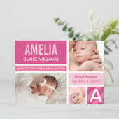 明るいピンクモダンのフォトコラージュベビーガール誕生 案内状 (スタンド正面)