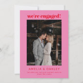 明るいピンク婚約したの赤いカップルの写真 案内状 (正面)