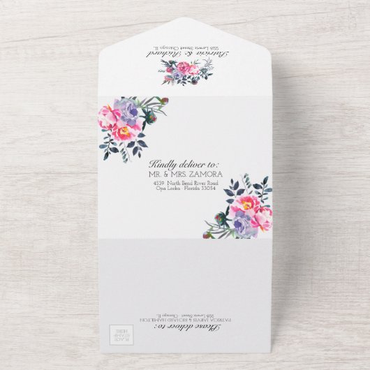 明るいピンク牡丹フローラモノグラムエレガントな結婚式 オールインワン招待状 (外側)