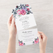 明るいピンク牡丹フローラモノグラムエレガントな結婚式 オールインワン招待状 (貼ってはがせる)