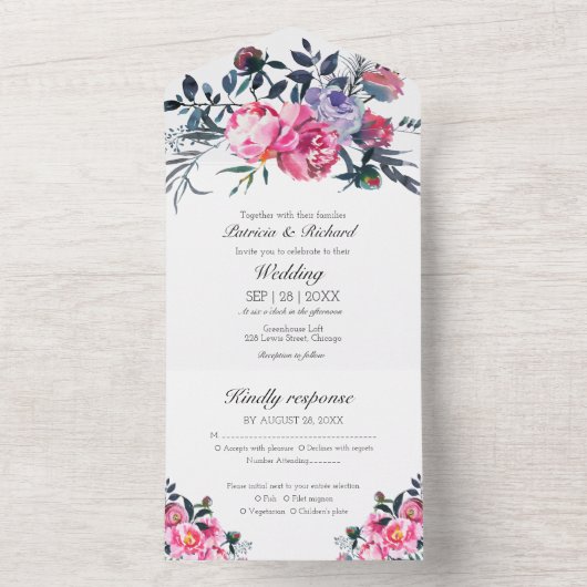 明るいピンク牡丹フローラモノグラムエレガントな結婚式 オールインワン招待状 (内側)