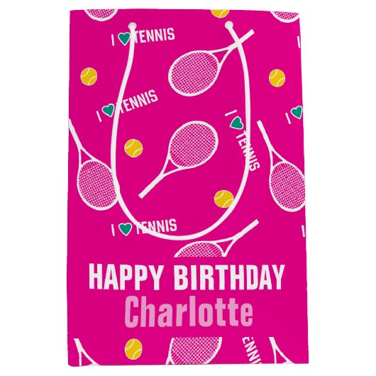 明るいピンク私はテニスパターンが大好き ミディアムペーパーバッグ (正面)