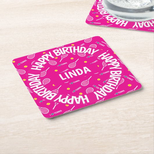 明るいピンク私はテニス、ハッピーバースデー大好き スクエアペーパーコースター (アングル)