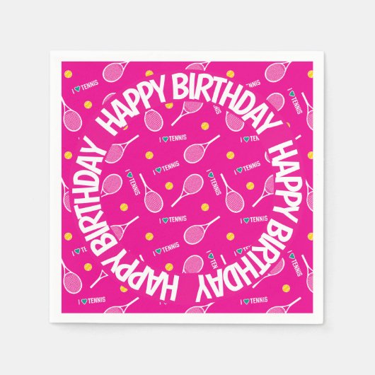 明るいピンク私はテニス、ハッピーバースデー大好き スタンダードカクテルナプキン (正面)