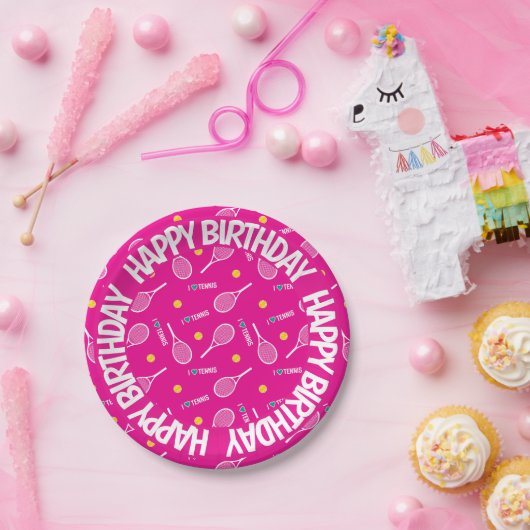 明るいピンク私はテニス、ハッピーバースデー大好き ペーパープレート (パーティー)