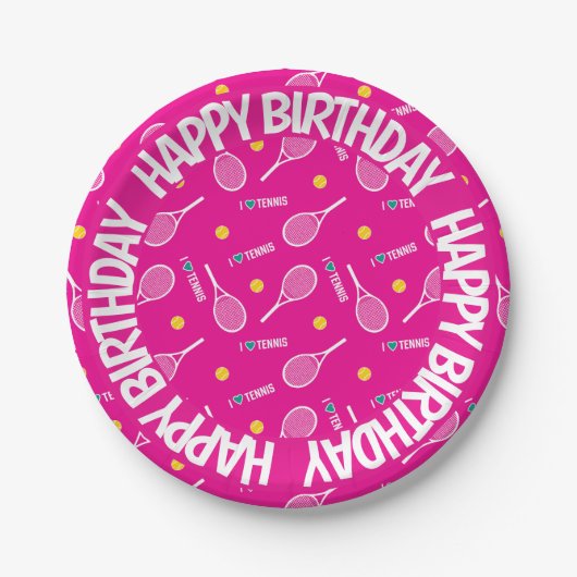 明るいピンク私はテニス、ハッピーバースデー大好き ペーパープレート (正面)