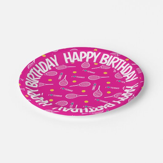 明るいピンク私はテニス、ハッピーバースデー大好き ペーパープレート (アングル)