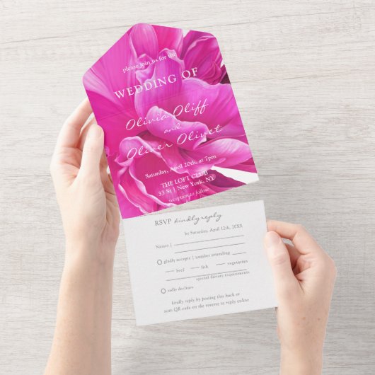 明るいピンク結婚の牡丹の全招待状 オールインワン招待状 (貼ってはがせる)