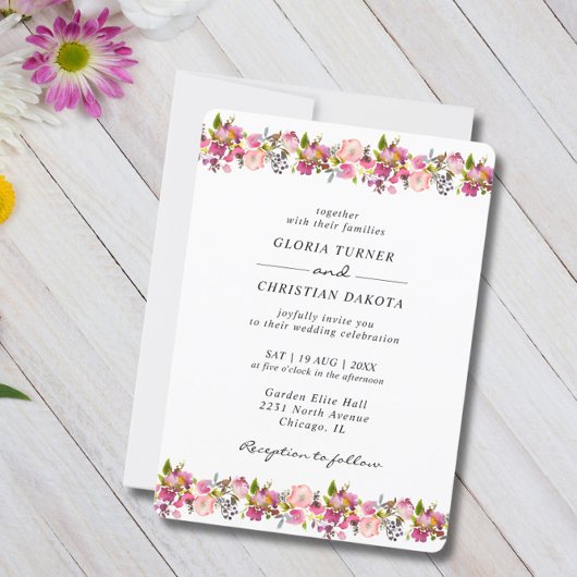 明るいピンク縁どの結婚フローラの丸いエッジ 招待状