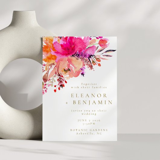 明るいピンク色のフローラ結婚の白 招待状