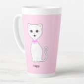 明るいピンク色の可愛いハッピーホワイトキャット カフェラテマグ (左アングル)