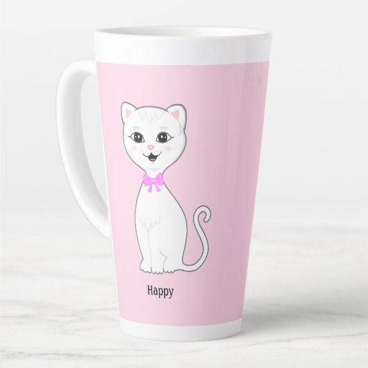 明るいピンク色の可愛いハッピーホワイトキャット カフェラテマグ (左アングル)