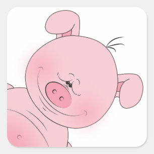 明るいピンク色の豚の漫画 スクエアシール