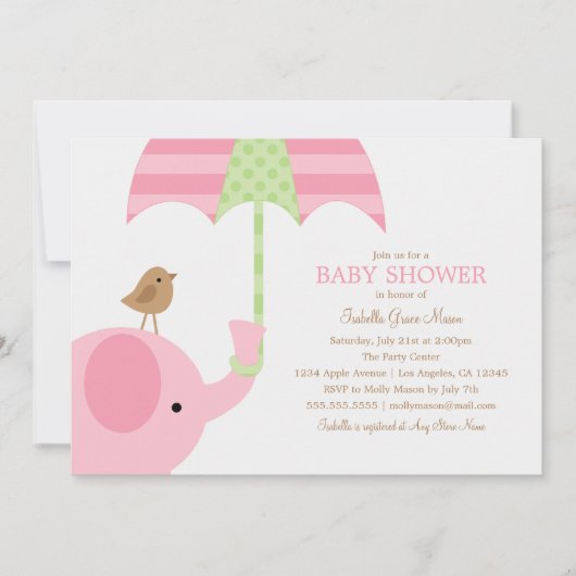 明るいピンク象|のベビーシャワーの招待 招待状 (正面)