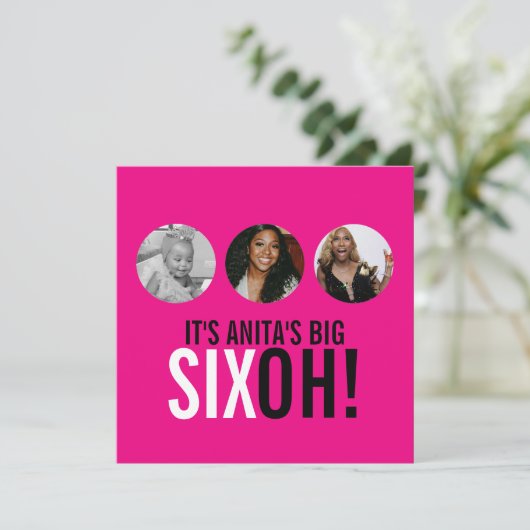 明るいピンク60th SIXOH!フォト誕生日招待状 招待状 (スタンド正面)