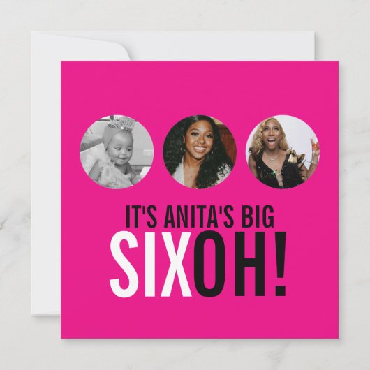 明るいピンク60th SIXOH!フォト誕生日招待状 招待状 (正面)