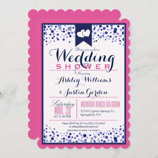 明るいピンク、白、ネイビーブルーウェディングシャワー 招待状 (正面/裏面)