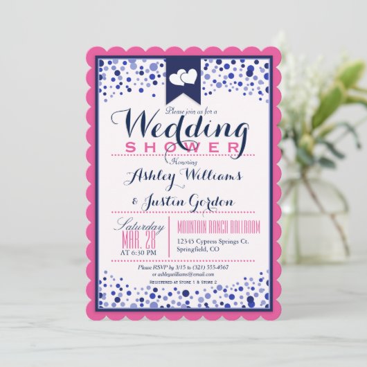明るいピンク、白、ネイビーブルーウェディングシャワー 招待状 (スタンド正面)