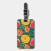 明るいピンク、黄色、緑のフローラ ラゲッジタグ (正面縦)