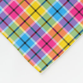 明るいピンク、黄色、青の格子縞 フリースブランケット