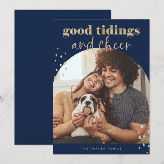 明るいフェイク金ゴールド | 1枚のフォトアーチクリスマス シーズンカード (正面/裏面)