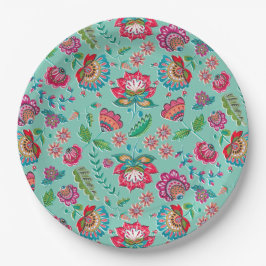 明るいフォークの花のターコイズのパタ結婚ーン ペーパープレート