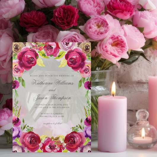 明るいフクシアピンクの花柄ロマンティックな結婚式 ベラム紙招待状