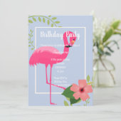 明るいフラミンゴハイビスカスブルーホワイト金ゴールド 招待状 (スタンド正面)