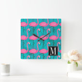 明るいフラミンゴ模様 |イニシャルの追加 スクエア壁時計 (ホーム)