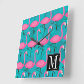 明るいフラミンゴ模様 |イニシャルの追加 スクエア壁時計 (傾斜)