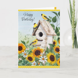 明るいフローラひまわりと鳥の誕生日カード サンキューカード