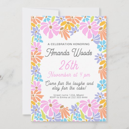 明るいフローラフレーム誕生祝い 招待状 (正面)